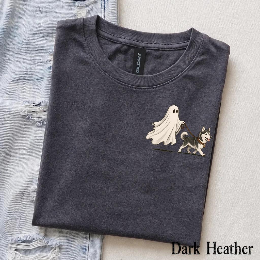 Personalized Dog Breed Halloween T-Shirt, Custom Ghost Walking Dog Graphic, Spooky Season Dog Mom Dad Gift – Husky