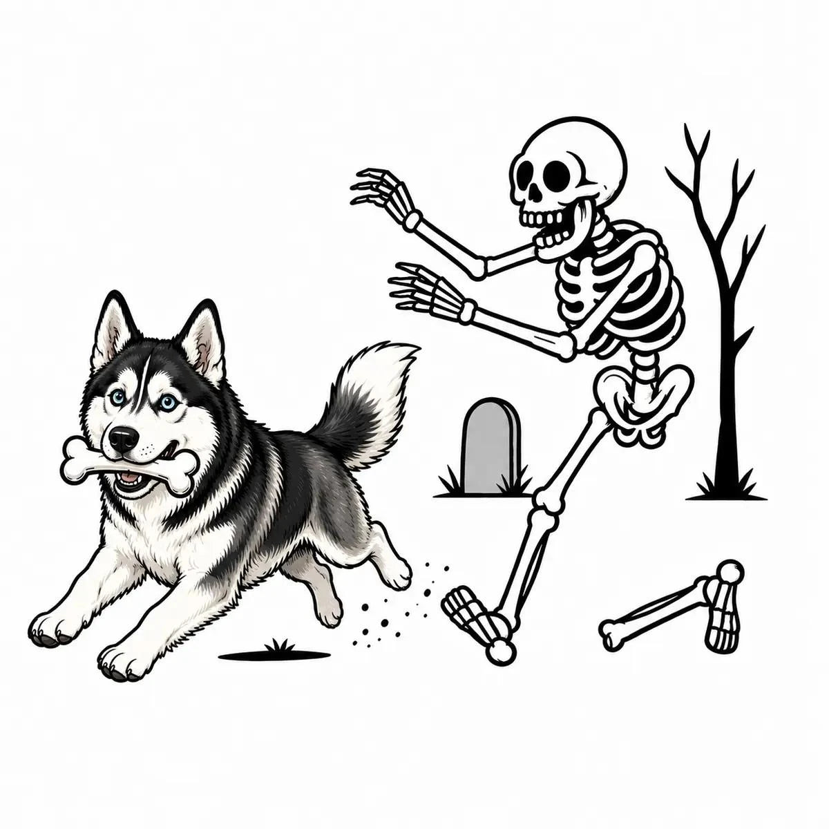 Personalized Dog Breed Halloween T-Shirt, Custom Choose Your Dog, Funny Skeleton Chasing Pup Graphic, Spooky Pet Lover Gift – Husky