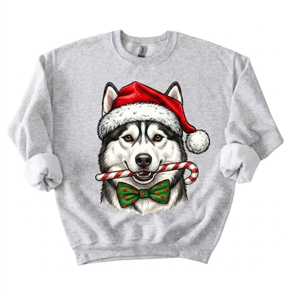 Personalized 50+ Dog Breed Christmas Sweatshirt, Custom Santa Hat Candy Cane Pet Portrait, Dog Mom and Dog Dad Holiday Gift – Husky