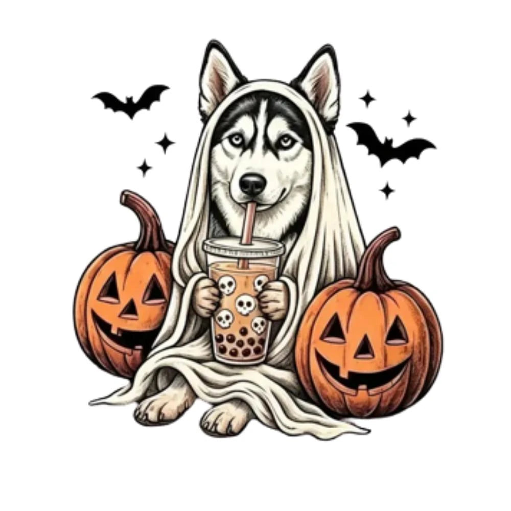 Custom Dog Breed Halloween Shirt, Cute Ghost Boba Pet Lover Tee, Spooky Fall Dog Mom Top – Husky