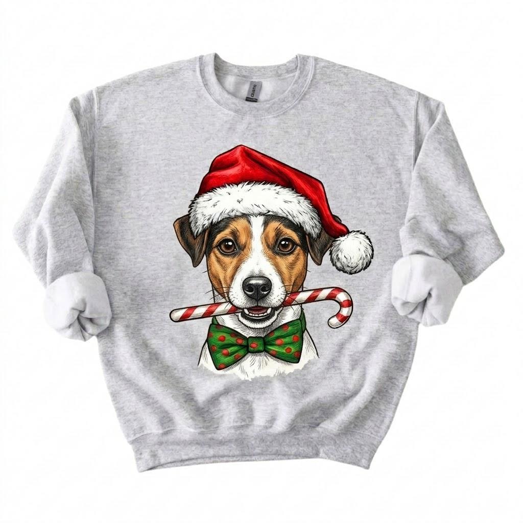 Personalized Dog Breed Christmas Sweatshirt, 50+ Breed Options, Santa Hat Candy Cane Dog Portrait, Holiday Gift for Dog Mom and Dog Dad – Jack Russell