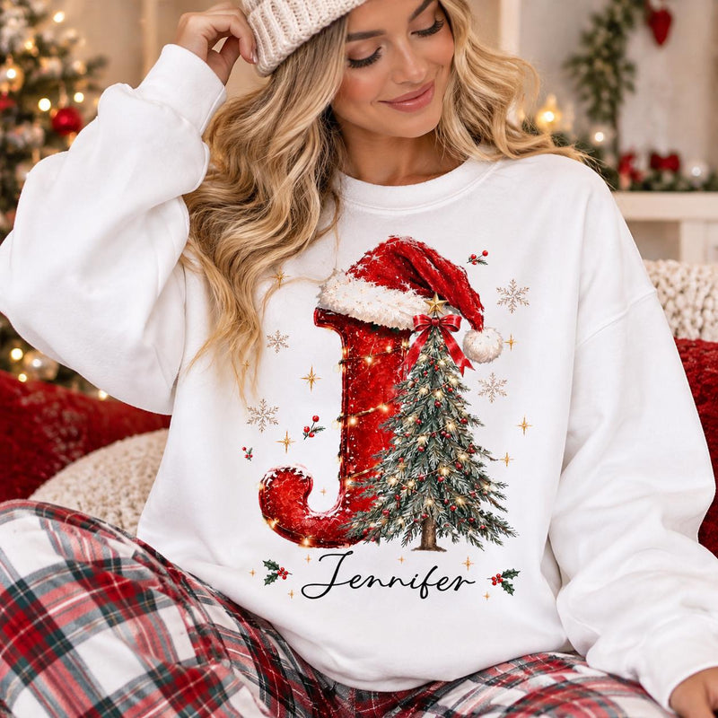 Personalized Christmas Initial Sweatshirt Custom Name Monogram Christmas Holiday Women Festive Cute Design – Jennifer