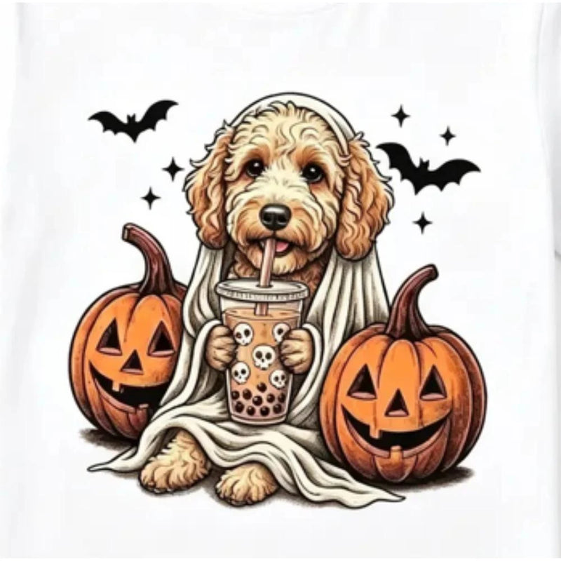 Personalized Dog Halloween T-Shirt, Custom Choose Your Dog Breed Ghost Boba Design, Cute Spooky Fall Pet Mom Dog Lover Gift – Labradoodle