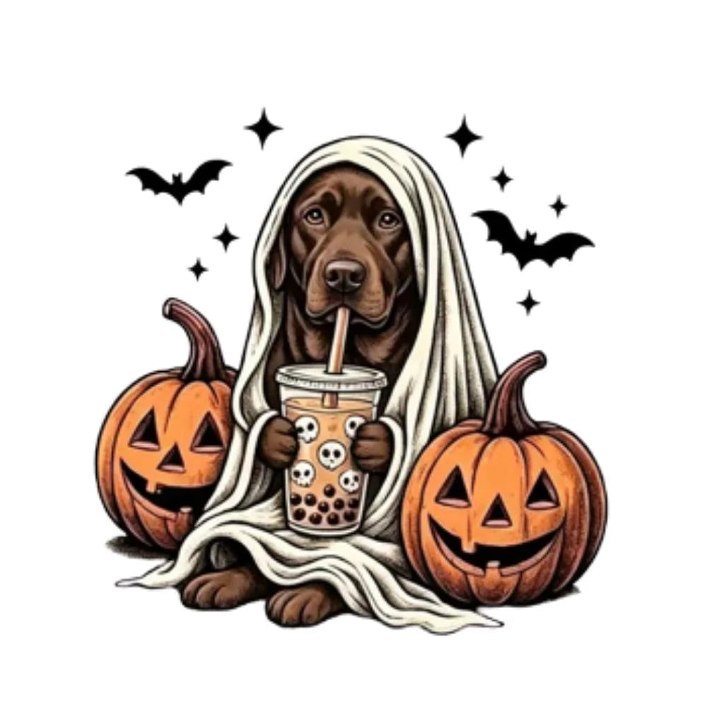 Personalized Dog Halloween T-Shirt, Custom Choose Your Dog Breed Ghost Boba Design, Cute Spooky Fall Pet Mom Dog Lover Gift – Labrador - Chocolate