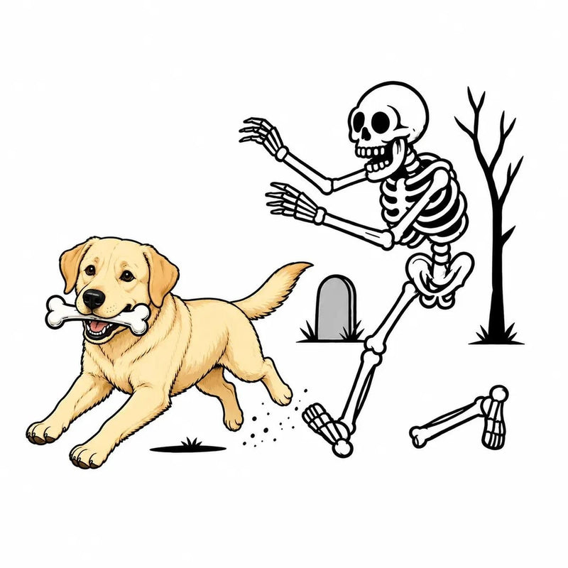 Personalized Dog Breed Halloween T-Shirt, Custom Choose Your Dog, Funny Skeleton Chasing Pup Graphic, Spooky Pet Lover Gift – Labrador Retriever