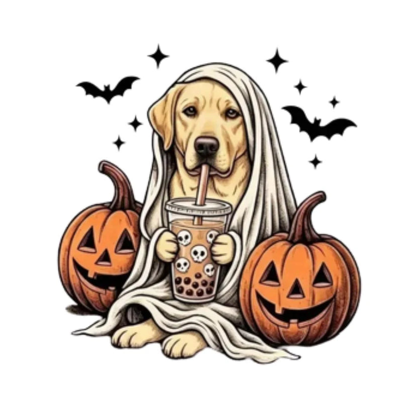 Personalized Ghost Dog Boba Halloween T-Shirt, Custom Choose Your Dog Breed 50+ Options, Cute Spooky Fall Pet Mom Gift – Labrador - Yellow