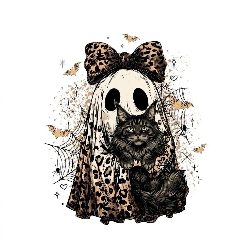 Halloween Cat Sweatshirt, Leopard Ghost Holding Custom Cat Breed, Spooky Season Cat Lover Gift for Women, Coquette Bow Leopard Print Style – Maine Coon