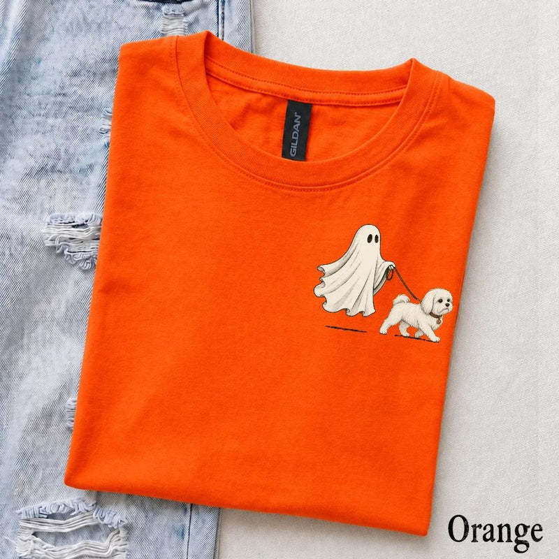 Personalized Dog Breed Halloween T-Shirt, Custom Ghost Walking Pet Top, Spooky Season Dog Mom Gift – Maltese