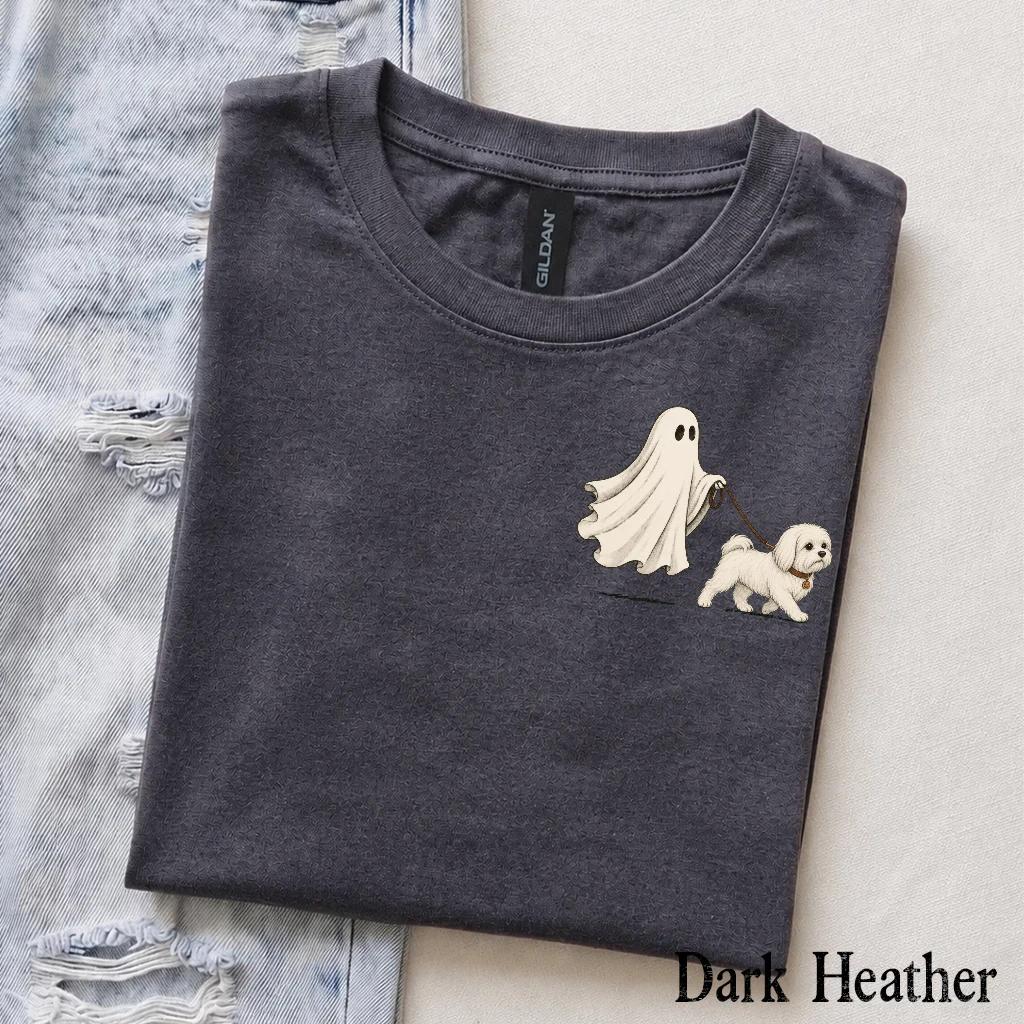 Personalized Dog Breed Halloween T-Shirt, Custom Ghost Walking Dog Graphic, Spooky Season Dog Mom Dad Gift – Maltese