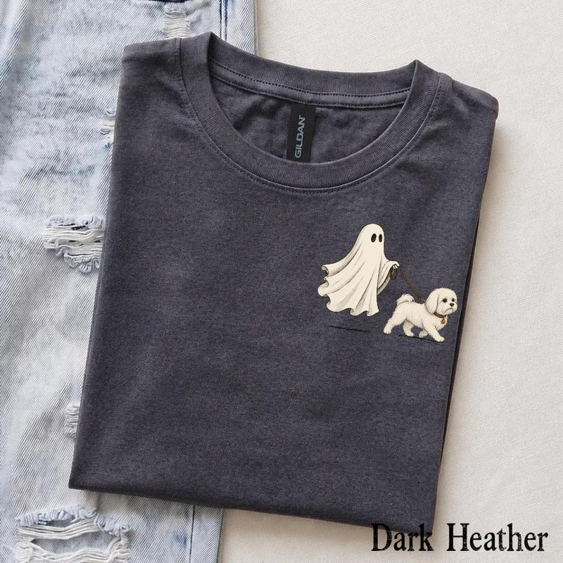 Personalized Dog Breed Halloween T-Shirt, Custom Ghost Walking Dog Graphic, Spooky Season Dog Mom Dad Gift – Maltese