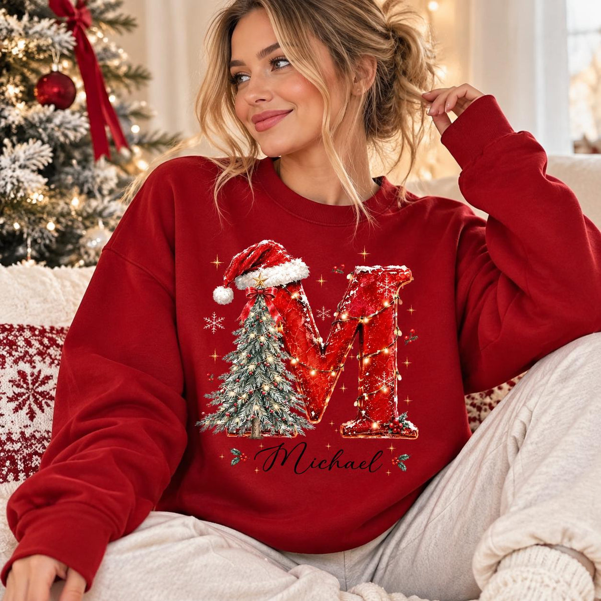Personalized Christmas Initial Sweatshirt Custom Name Monogram Christmas Holiday Women Festive Cute Design – Michael
