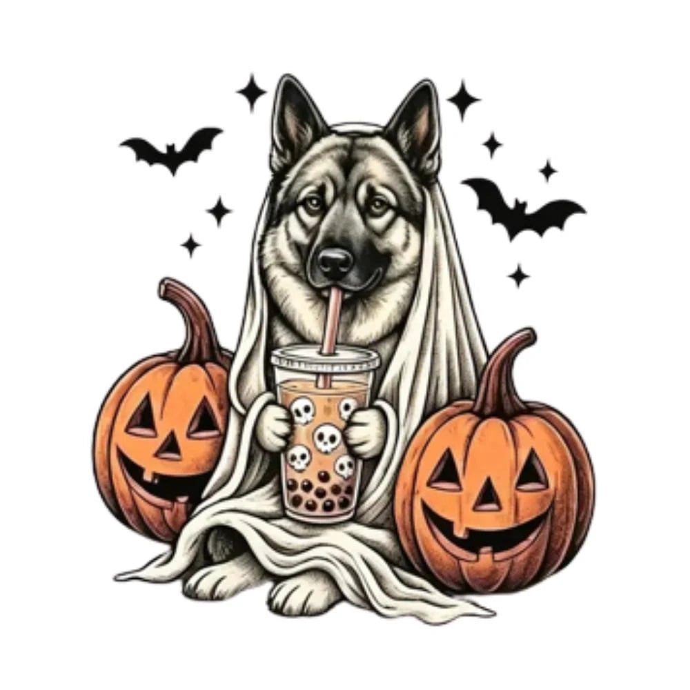 Personalized Dog Halloween T-Shirt, Custom Choose Your Dog Breed Ghost Boba Design, Cute Spooky Fall Pet Mom Dog Lover Gift – Norwegian Elkhound