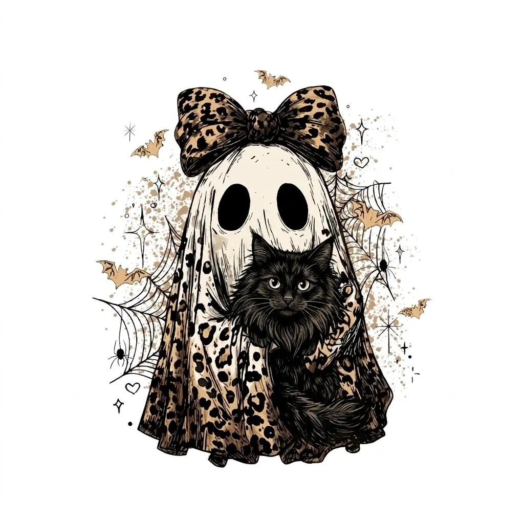 Halloween Cat Sweatshirt, Leopard Ghost Holding Custom Cat Breed, Spooky Season Cat Lover Gift for Women, Coquette Bow Leopard Print Style – Norwegian Forest Cat
