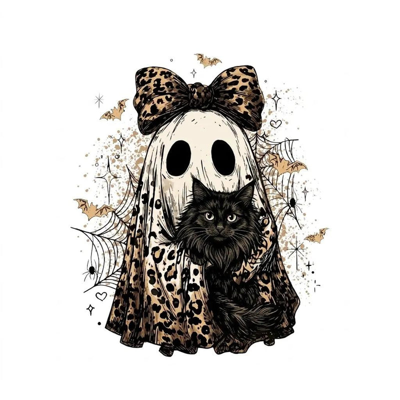 Halloween Cat Sweatshirt, Leopard Ghost Holding Custom Cat Breed, Spooky Season Cat Lover Gift for Women, Coquette Bow Leopard Print Style – Norwegian Forest Cat