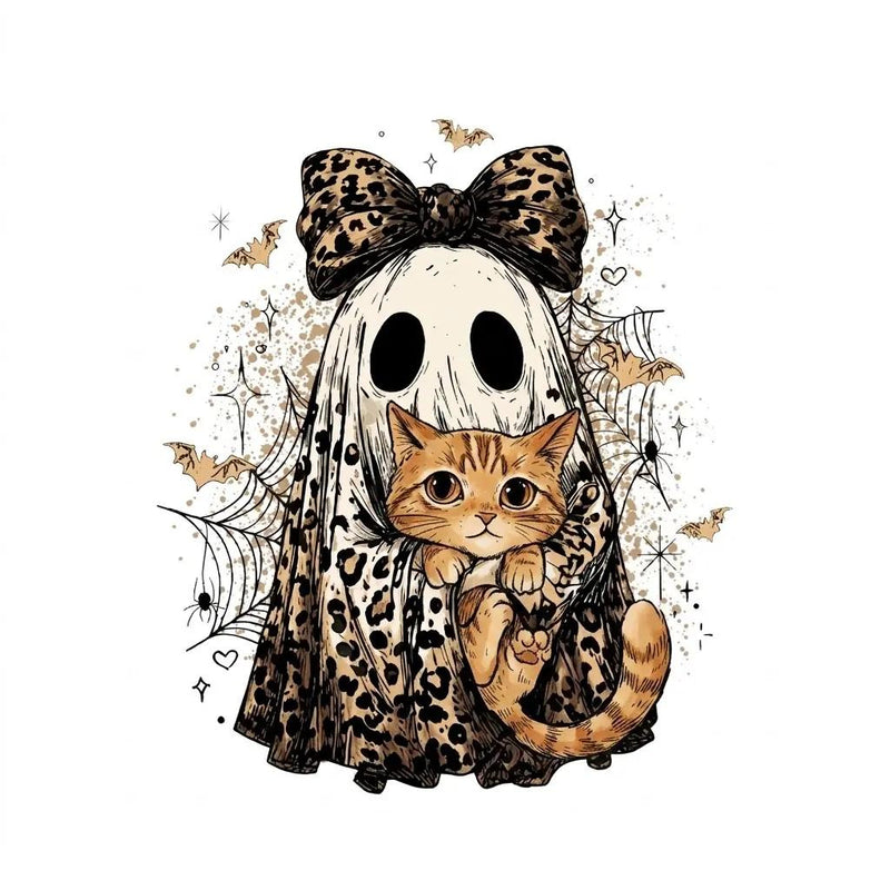 Halloween Cat Sweatshirt, Leopard Ghost Holding Custom Cat Breed, Spooky Season Cat Lover Gift for Women, Coquette Bow Leopard Print Style – Orange tabby