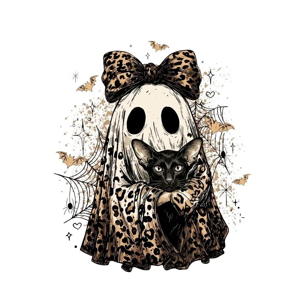 Halloween Cat Sweatshirt, Leopard Ghost Holding Custom Cat Breed, Spooky Season Cat Lover Gift for Women, Coquette Bow Leopard Print Style – Oriental Shorthair