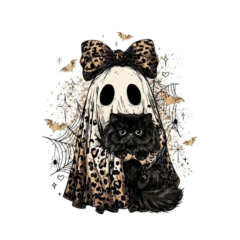 Halloween Cat Sweatshirt, Leopard Ghost Holding Custom Cat Breed, Spooky Season Cat Lover Gift for Women, Coquette Bow Leopard Print Style – Persian