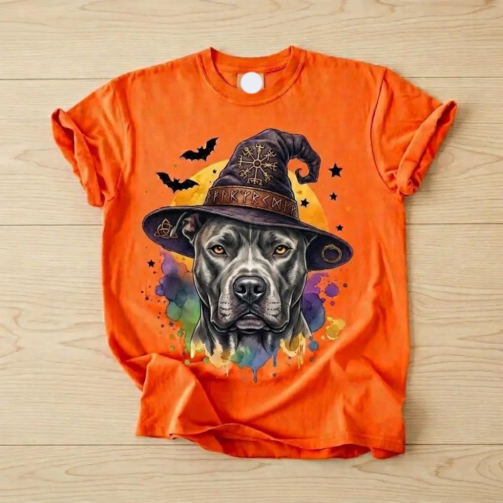 Custom Witch Dog Breed Halloween T-Shirt, Spooky Dog Mom Graphic Tee, Fall Pet Lover Costume Apparel – Pitbull