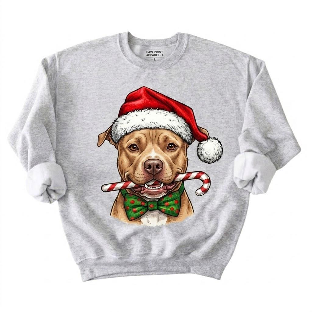 Personalized 50+ Dog Breed Christmas Sweatshirt, Custom Santa Hat Candy Cane Pet Portrait, Dog Mom and Dog Dad Holiday Gift – Pitbull