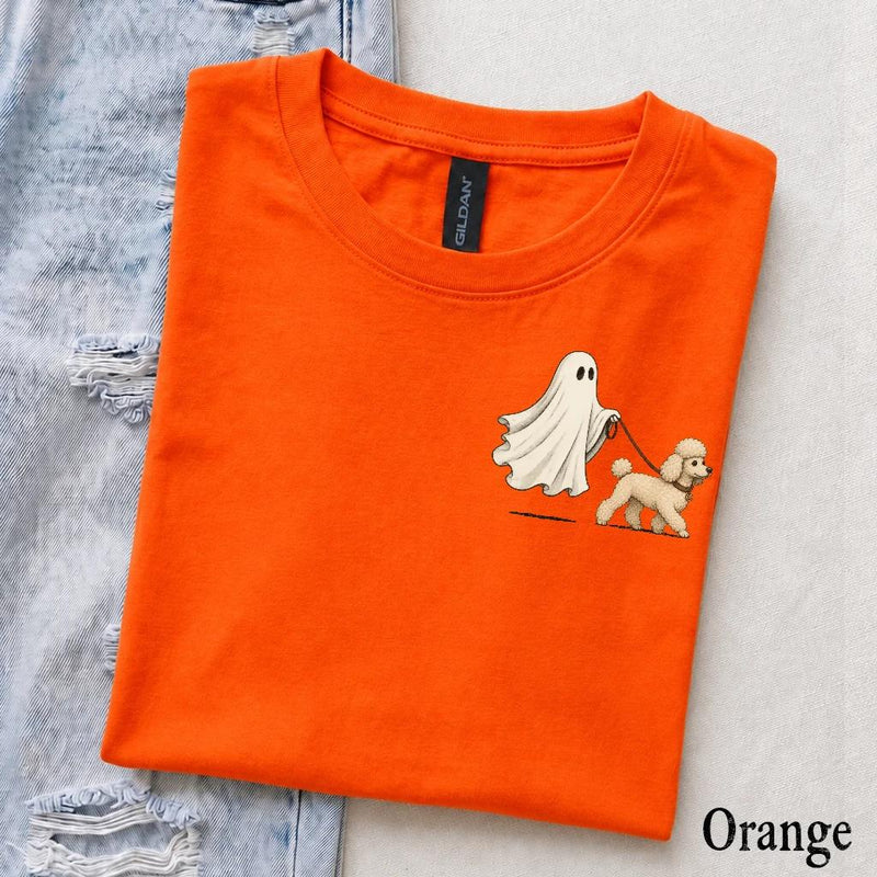 Personalized Dog Breed Ghost Walking Pet Halloween T-Shirt, Cute Fall Spooky Season Dog Mom Graphic Tee – Poodle