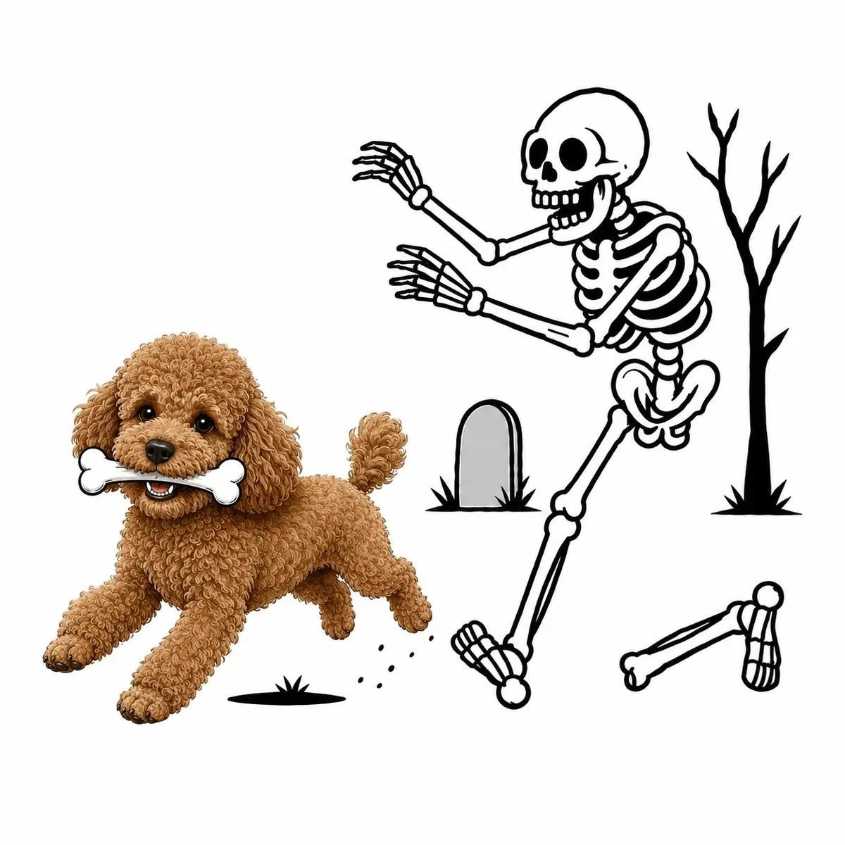 Personalized Dog Breed Halloween T-Shirt, Custom Choose Your Dog, Funny Skeleton Chasing Pup Graphic, Spooky Pet Lover Gift – Poodle