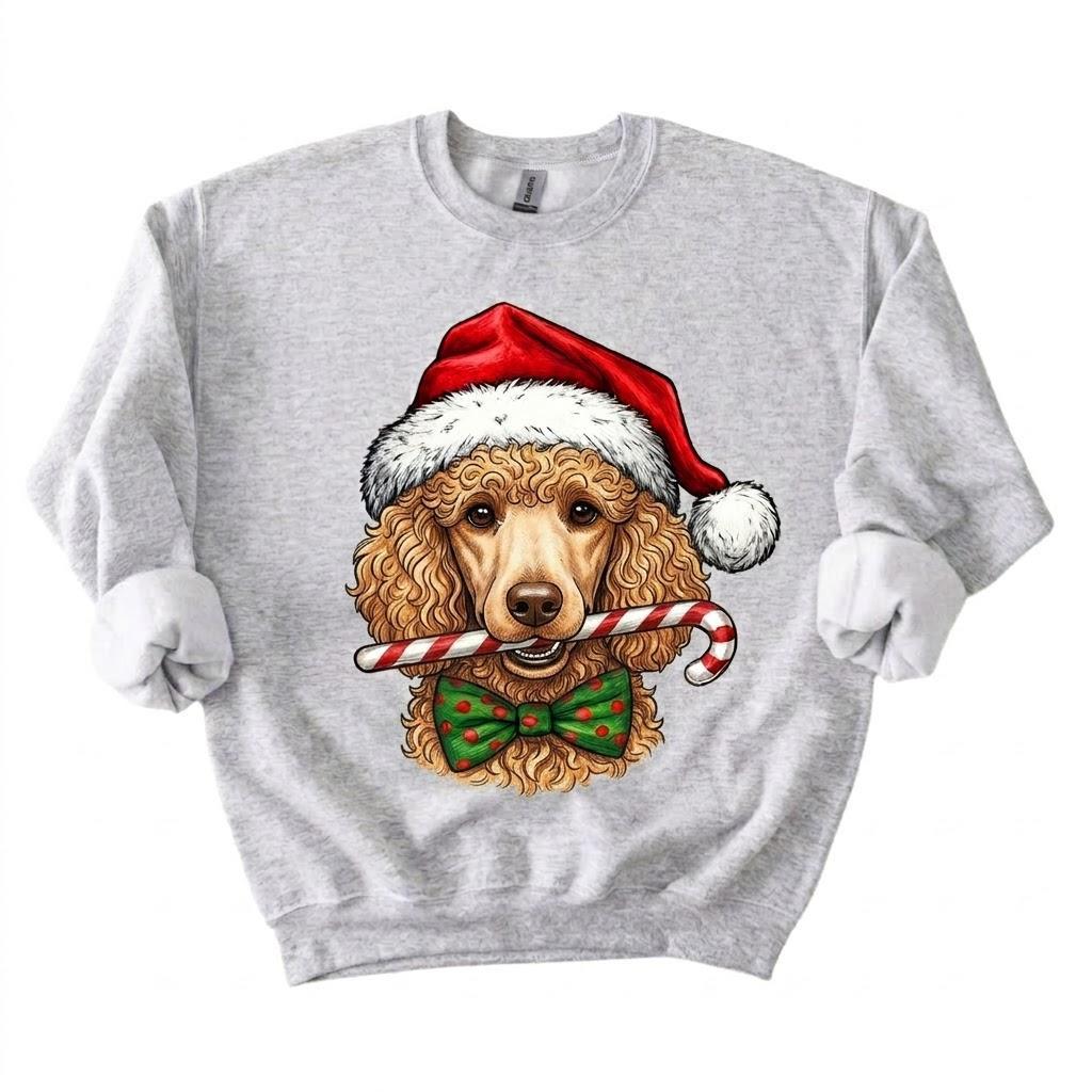 Personalized 50+ Dog Breed Christmas Sweatshirt, Custom Santa Hat Candy Cane Pet Portrait, Dog Mom and Dog Dad Holiday Gift – Poodle