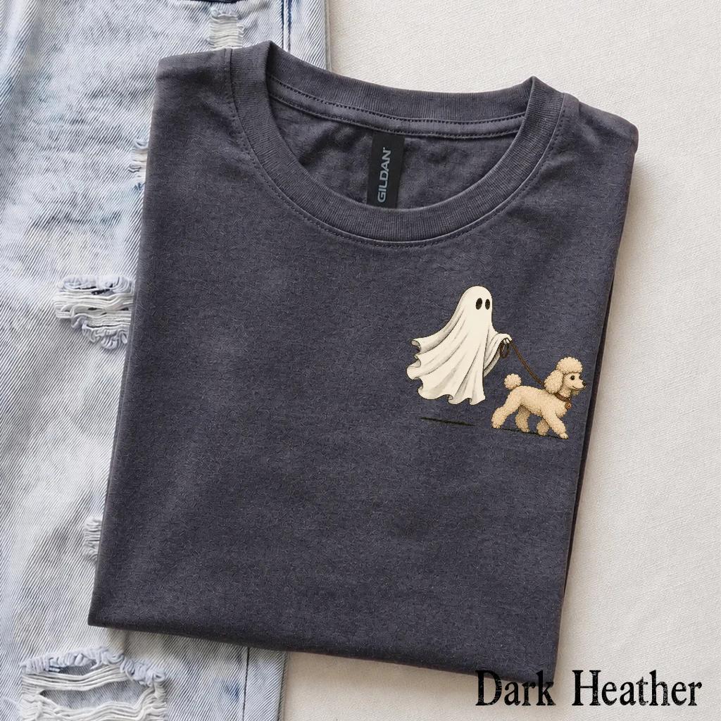 Personalized Dog Breed Halloween T-Shirt, Custom Ghost Walking Dog Graphic, Spooky Season Dog Mom Dad Gift – Poodle