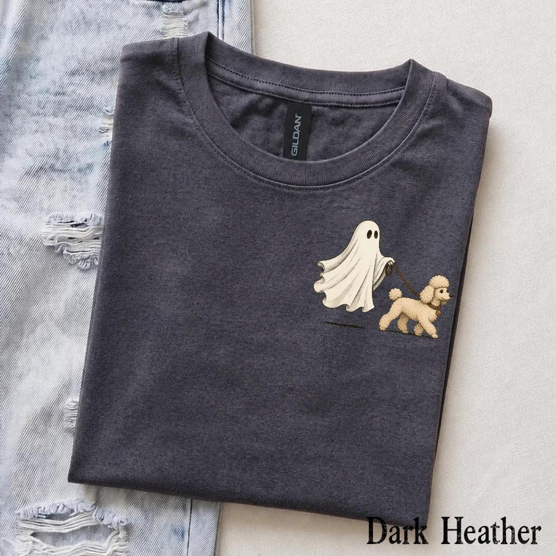 Personalized Dog Breed Halloween T-Shirt, Custom Ghost Walking Dog Graphic, Spooky Season Dog Mom Dad Gift – Poodle