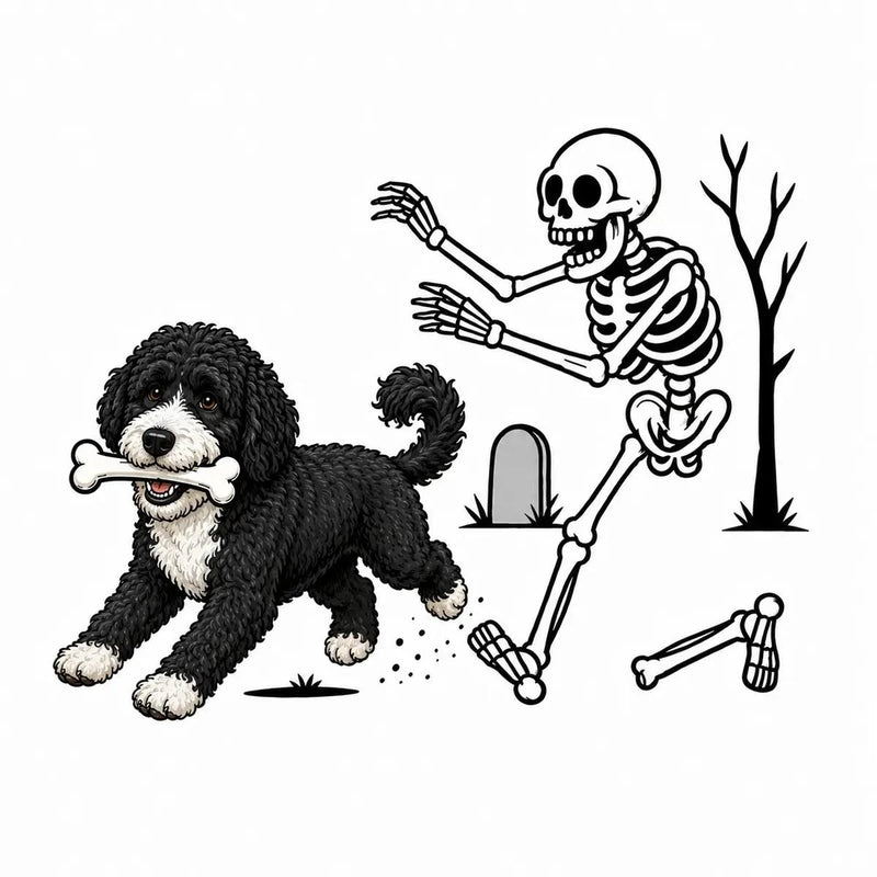 Personalized Dog Breed Halloween T-Shirt, Custom Choose Your Dog, Funny Skeleton Chasing Pup Graphic, Spooky Pet Lover Gift – Portuguese Water