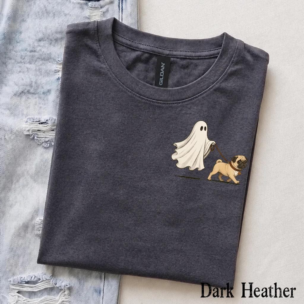 Personalized Dog Breed Halloween T-Shirt, Custom Ghost Walking Dog Graphic, Spooky Season Dog Mom Dad Gift – Pug
