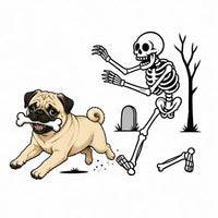 Personalized Dog Breed Halloween T-Shirt, Custom Choose Your Dog, Funny Skeleton Chasing Pup Graphic, Spooky Pet Lover Gift – Pug