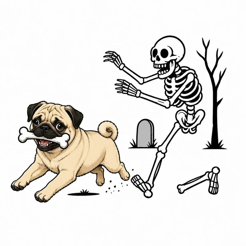 Personalized Dog Breed Halloween T-Shirt, Custom Choose Your Dog, Funny Skeleton Chasing Pup Graphic, Spooky Pet Lover Gift – Pug