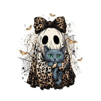 Halloween Cat Sweatshirt, Leopard Ghost Holding Custom Cat Breed, Spooky Season Cat Lover Gift for Women, Coquette Bow Leopard Print Style – Russian Blue