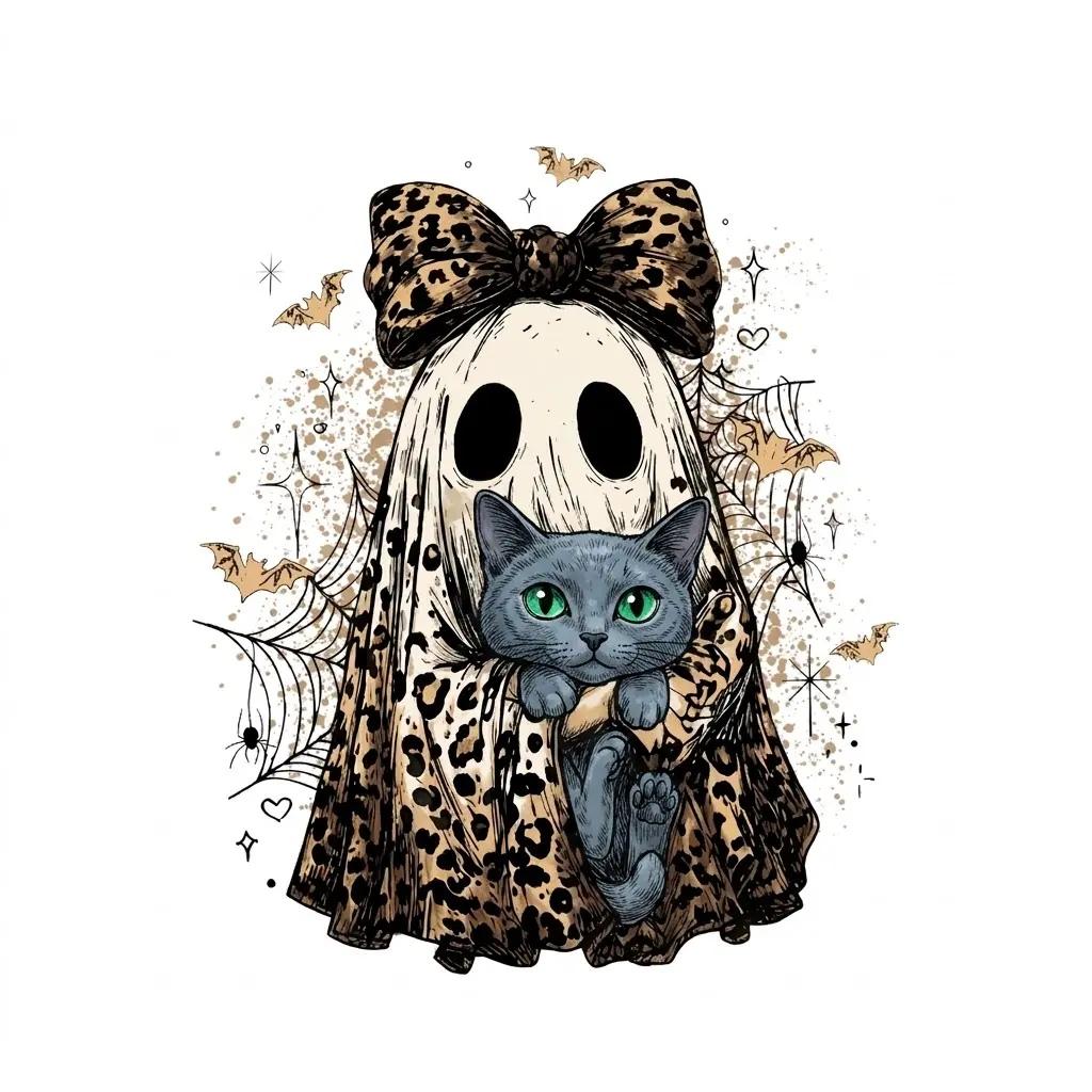 Halloween Cat Sweatshirt, Leopard Ghost Holding Custom Cat Breed, Spooky Season Cat Lover Gift for Women, Coquette Bow Leopard Print Style – Russian Blue