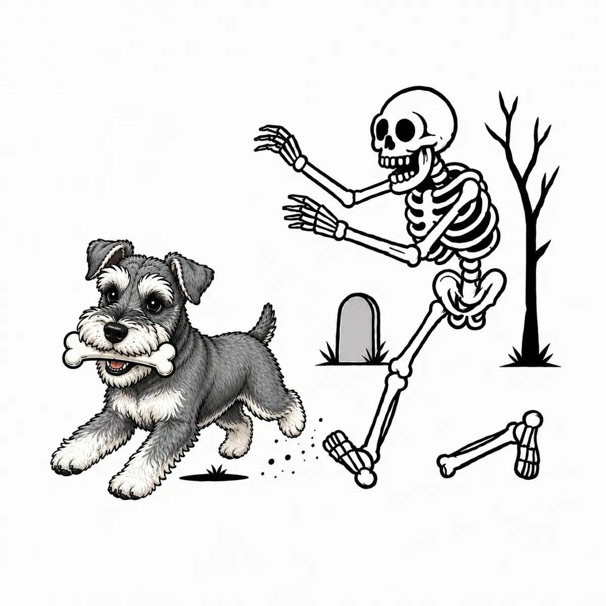 Personalized Dog Breed Halloween T-Shirt, Custom Choose Your Dog, Funny Skeleton Chasing Pup Graphic, Spooky Pet Lover Gift – Schnauzer