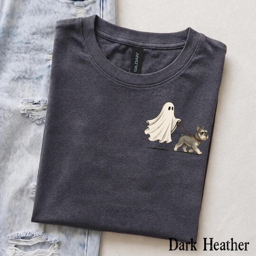 Personalized Dog Breed Halloween T-Shirt, Custom Ghost Walking Dog Graphic, Spooky Season Dog Mom Dad Gift – Schnauzer