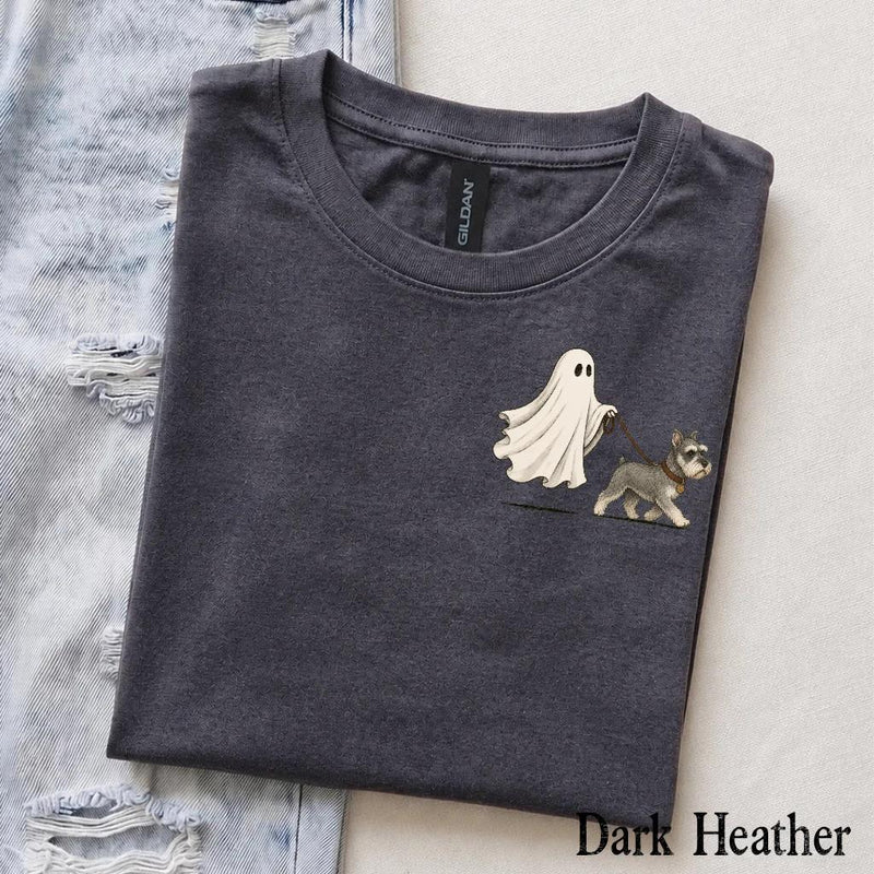 Personalized Dog Breed Halloween T-Shirt, Custom Ghost Walking Dog Graphic, Spooky Season Dog Mom Dad Gift – Schnauzer