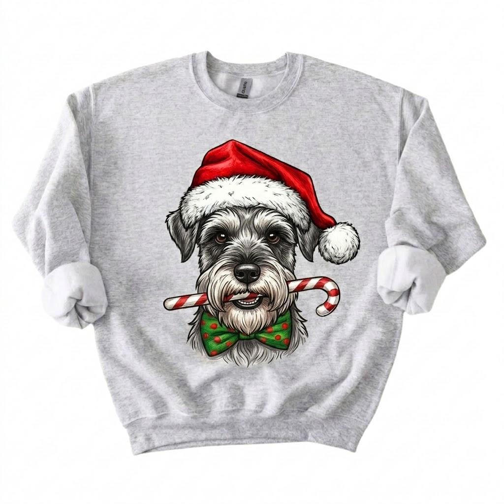 Personalized 50+ Dog Breed Christmas Sweatshirt, Custom Santa Hat Candy Cane Pet Portrait, Dog Mom and Dog Dad Holiday Gift – Schnauzer