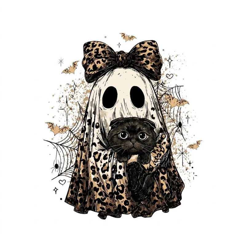 Halloween Cat Sweatshirt, Leopard Ghost Holding Custom Cat Breed, Spooky Season Cat Lover Gift for Women, Coquette Bow Leopard Print Style – Scottish Fold