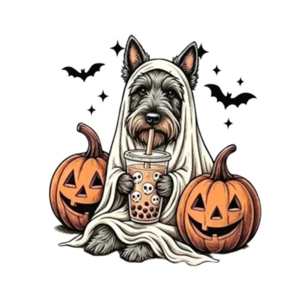 Personalized Dog Halloween T-Shirt, Custom Choose Your Dog Breed Ghost Boba Design, Cute Spooky Fall Pet Mom Dog Lover Gift – Scotty