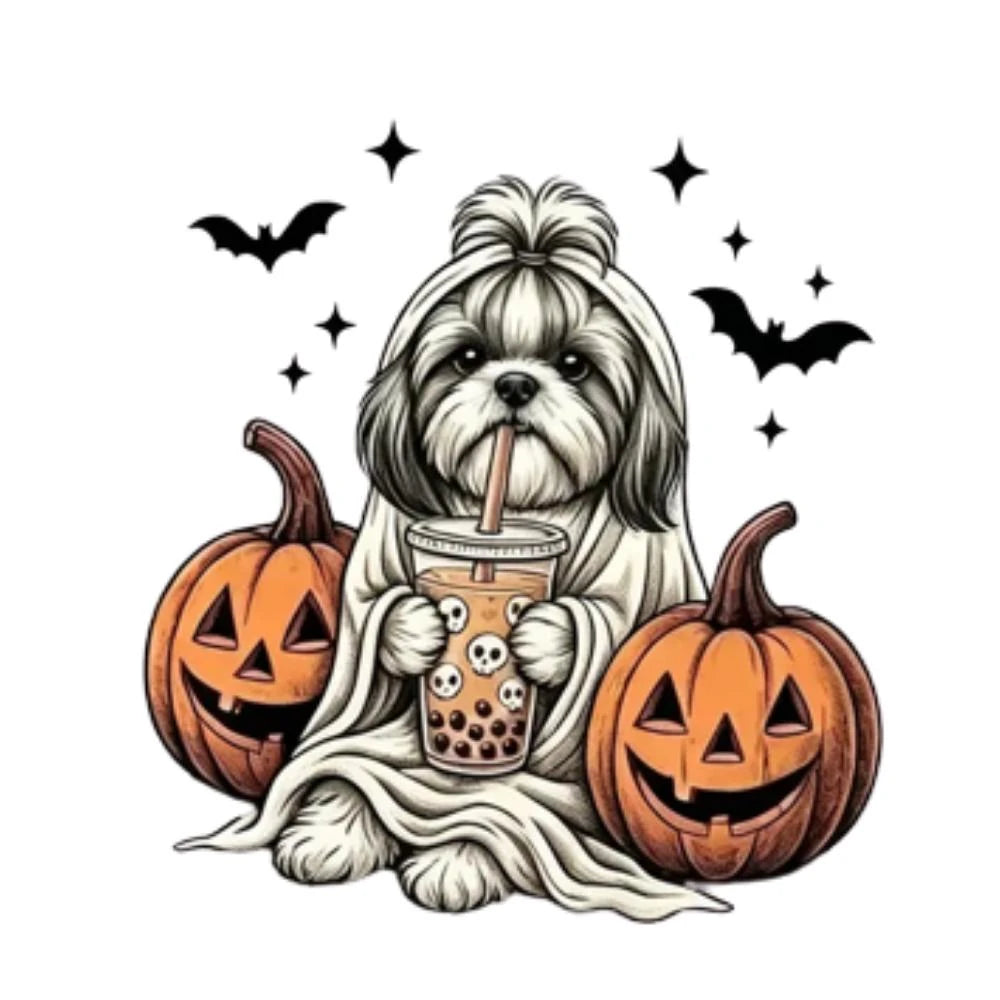 Personalized Ghost Dog Boba Halloween T-Shirt, Custom Choose Your Dog Breed 50+ Options, Cute Spooky Fall Pet Mom Gift – Shih Tzu