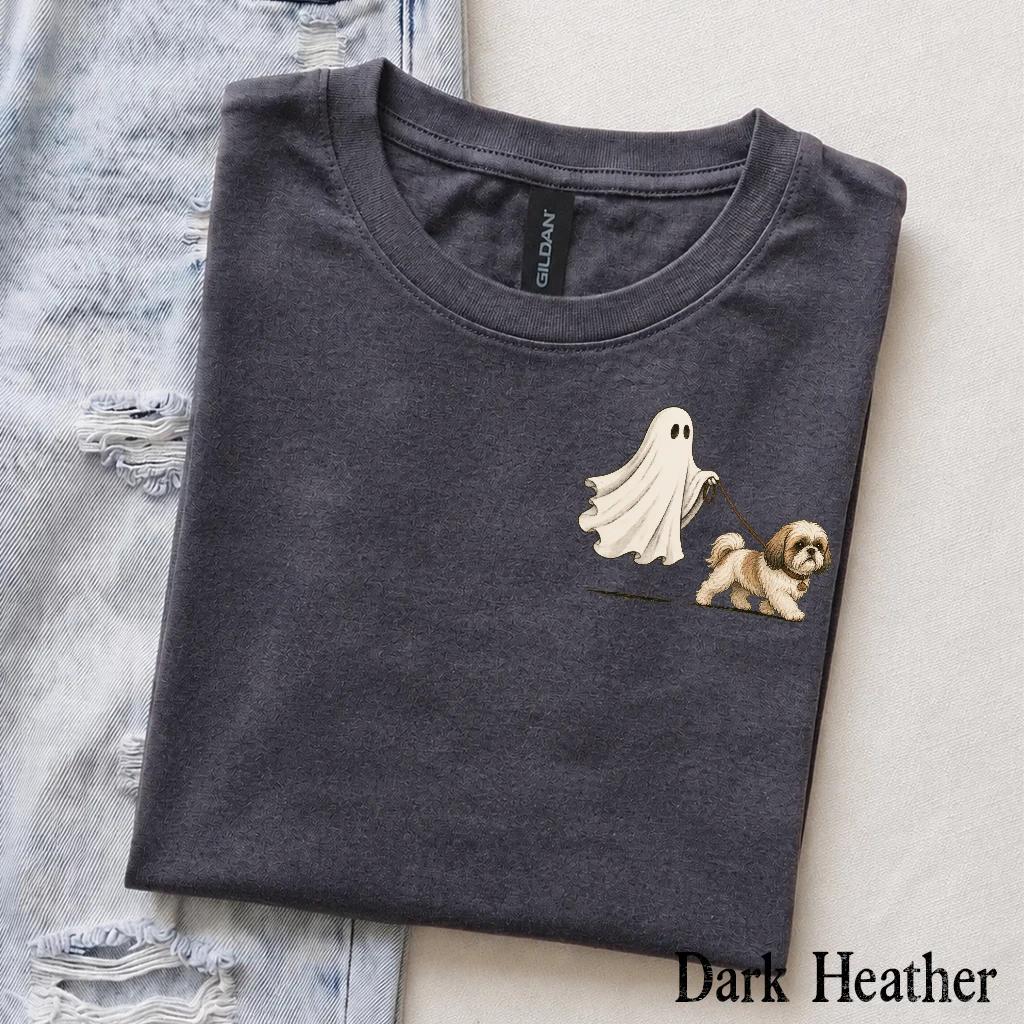 Personalized Dog Breed Halloween T-Shirt, Custom Ghost Walking Dog Graphic, Spooky Season Dog Mom Dad Gift – Shih Tzu