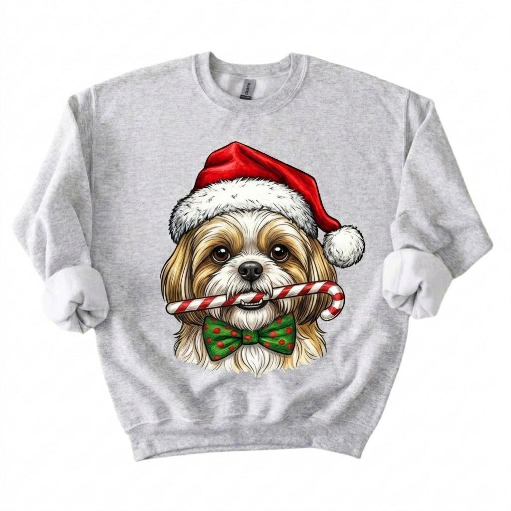 Personalized 50+ Dog Breed Christmas Sweatshirt, Custom Santa Hat Candy Cane Pet Portrait, Dog Mom and Dog Dad Holiday Gift – Shih Tzu