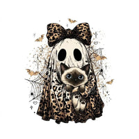 Halloween Cat Sweatshirt, Leopard Ghost Holding Custom Cat Breed, Spooky Season Cat Lover Gift for Women, Coquette Bow Leopard Print Style – Siamese