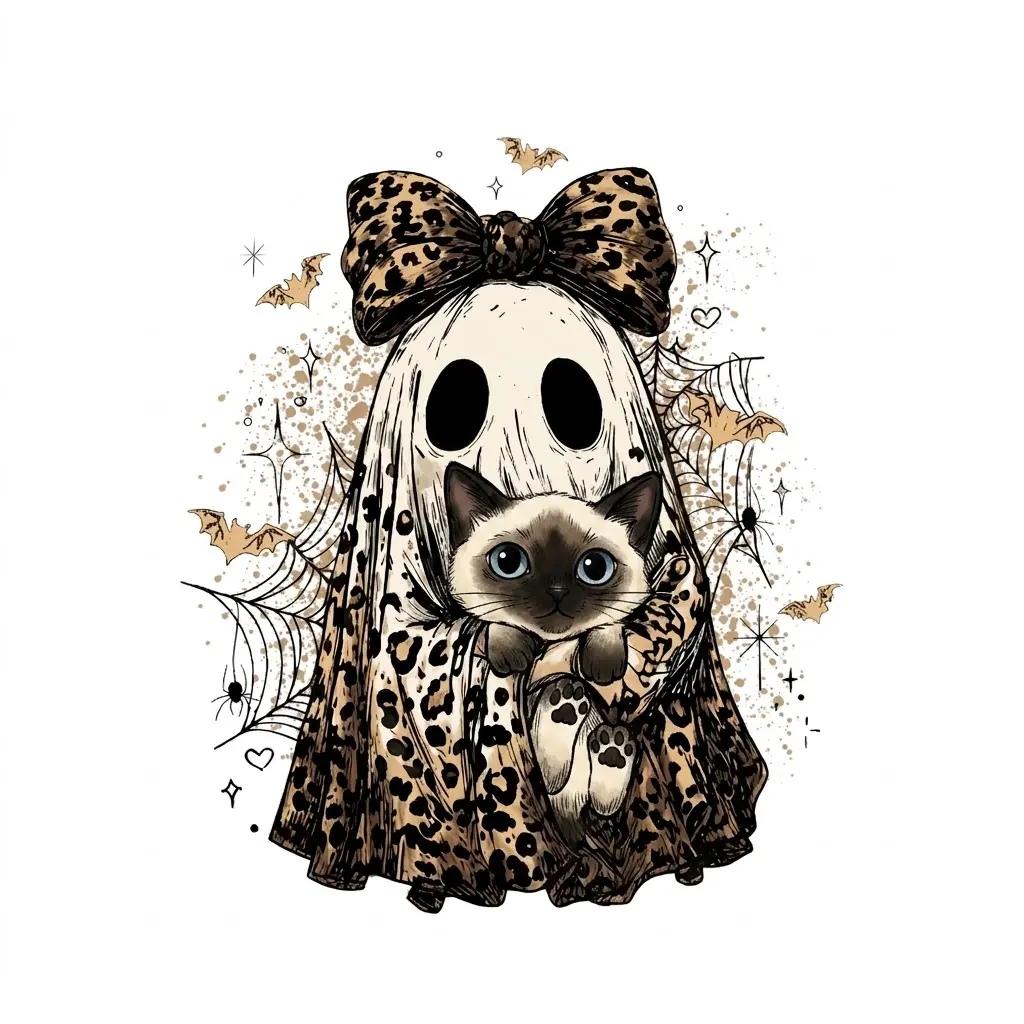 Halloween Cat Sweatshirt, Leopard Ghost Holding Custom Cat Breed, Spooky Season Cat Lover Gift for Women, Coquette Bow Leopard Print Style – Siamese
