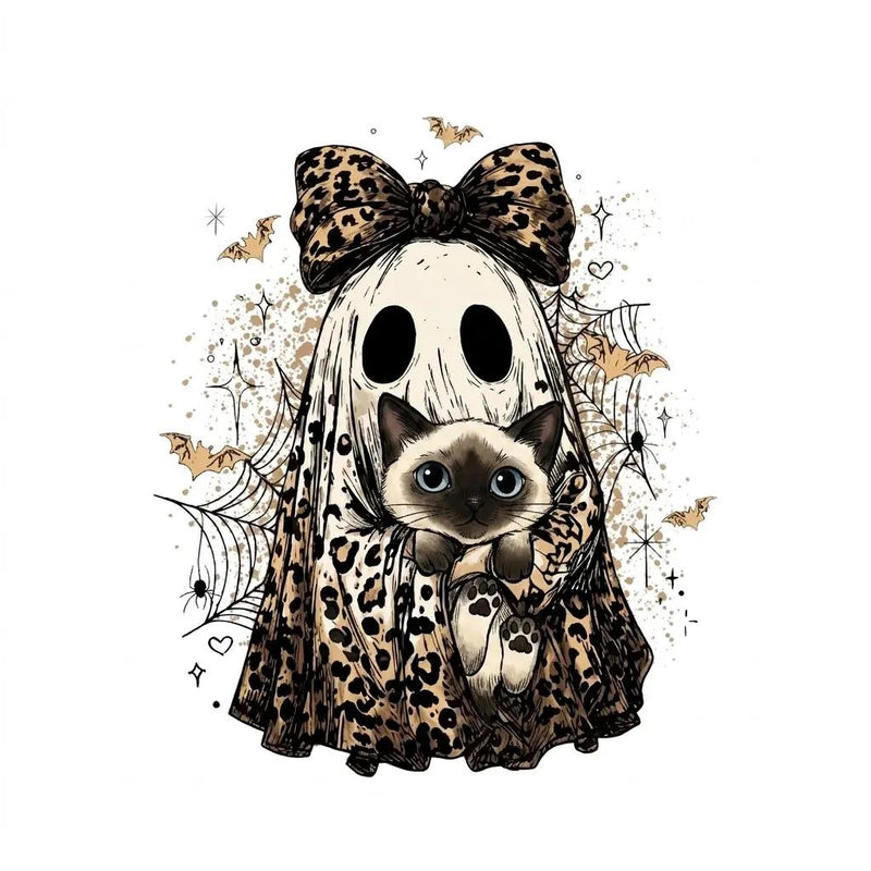 Halloween Cat Sweatshirt, Leopard Ghost Holding Custom Cat Breed, Spooky Season Cat Lover Gift for Women, Coquette Bow Leopard Print Style – Siamese