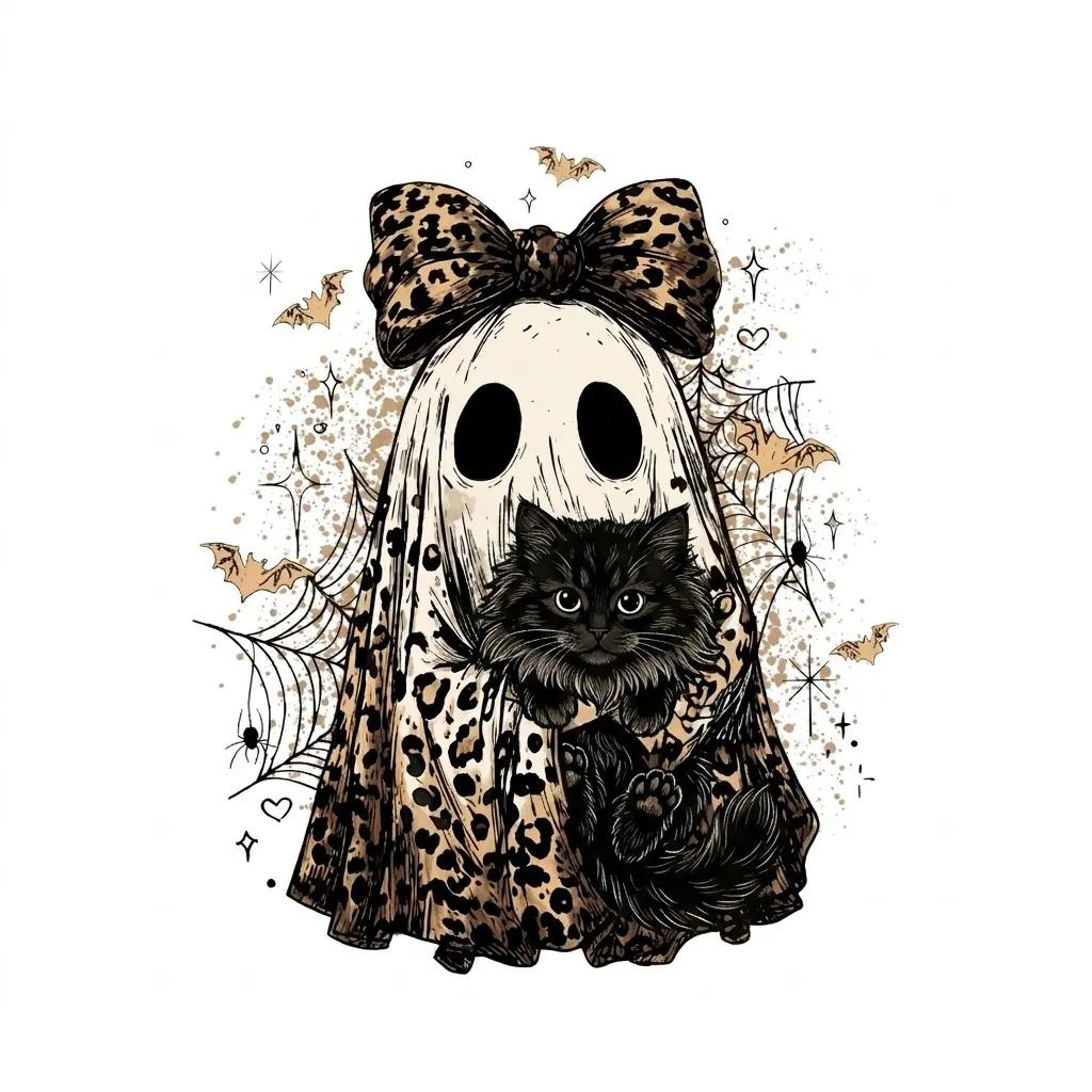 Halloween Cat Sweatshirt, Leopard Ghost Holding Custom Cat Breed, Spooky Season Cat Lover Gift for Women, Coquette Bow Leopard Print Style – Siberian