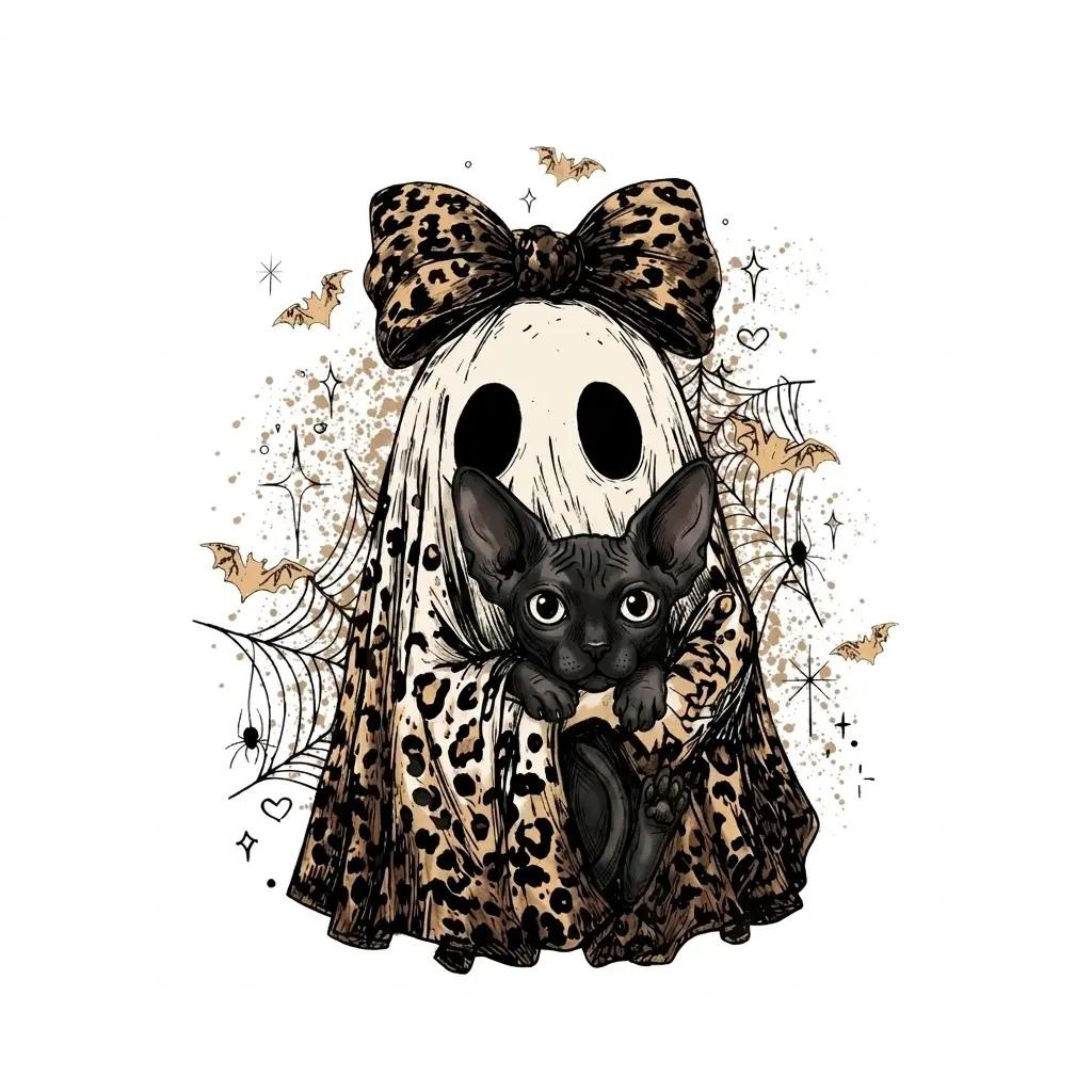 Halloween Cat Sweatshirt, Leopard Ghost Holding Custom Cat Breed, Spooky Season Cat Lover Gift for Women, Coquette Bow Leopard Print Style – Sphynx