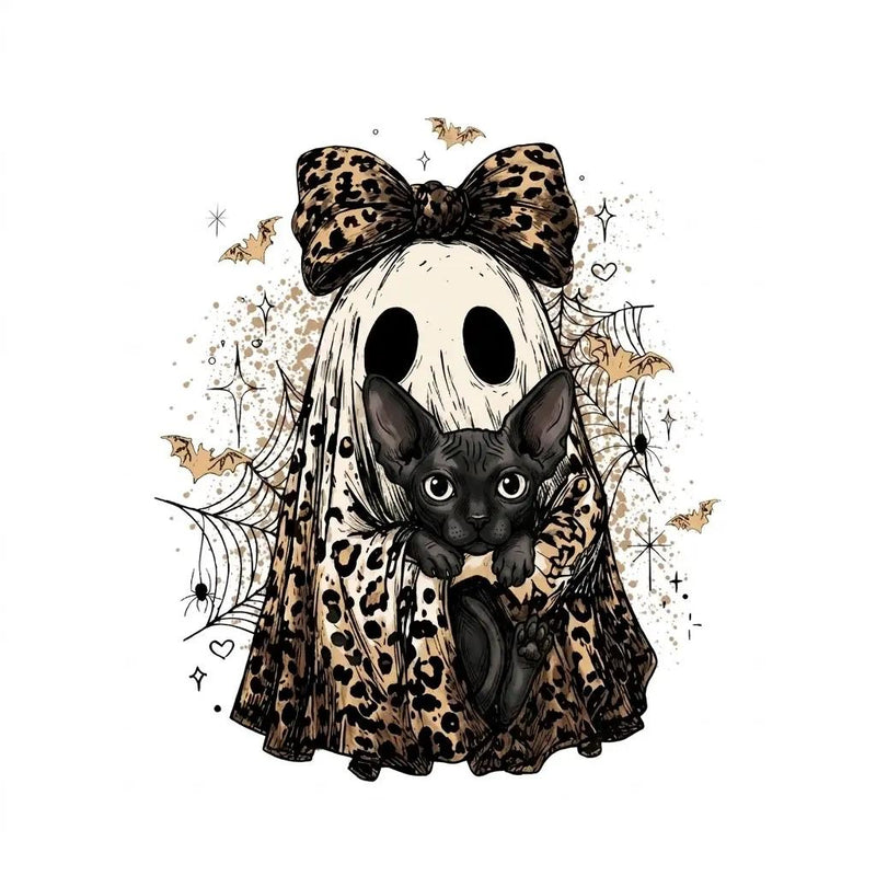Halloween Cat Sweatshirt, Leopard Ghost Holding Custom Cat Breed, Spooky Season Cat Lover Gift for Women, Coquette Bow Leopard Print Style – Sphynx