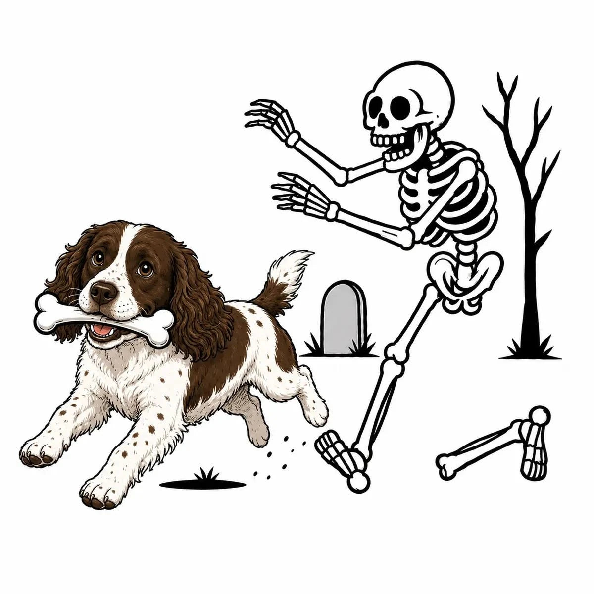 Personalized Dog Breed Halloween T-Shirt, Custom Choose Your Dog, Funny Skeleton Chasing Pup Graphic, Spooky Pet Lover Gift – Springer Spaniel